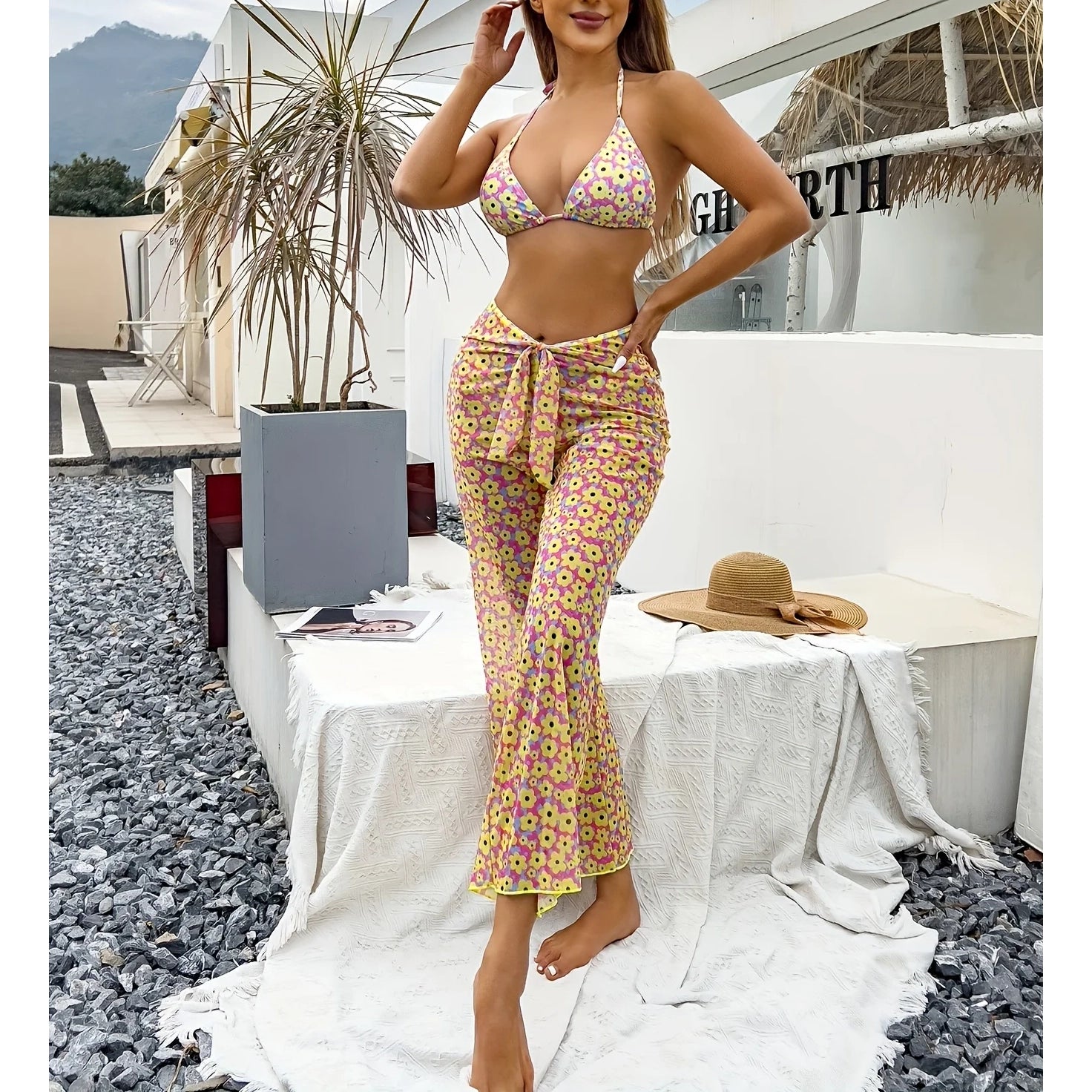 Sexy 3 Pcs Yellow Floral Print Women's Bikini & Cover Up Pants Set